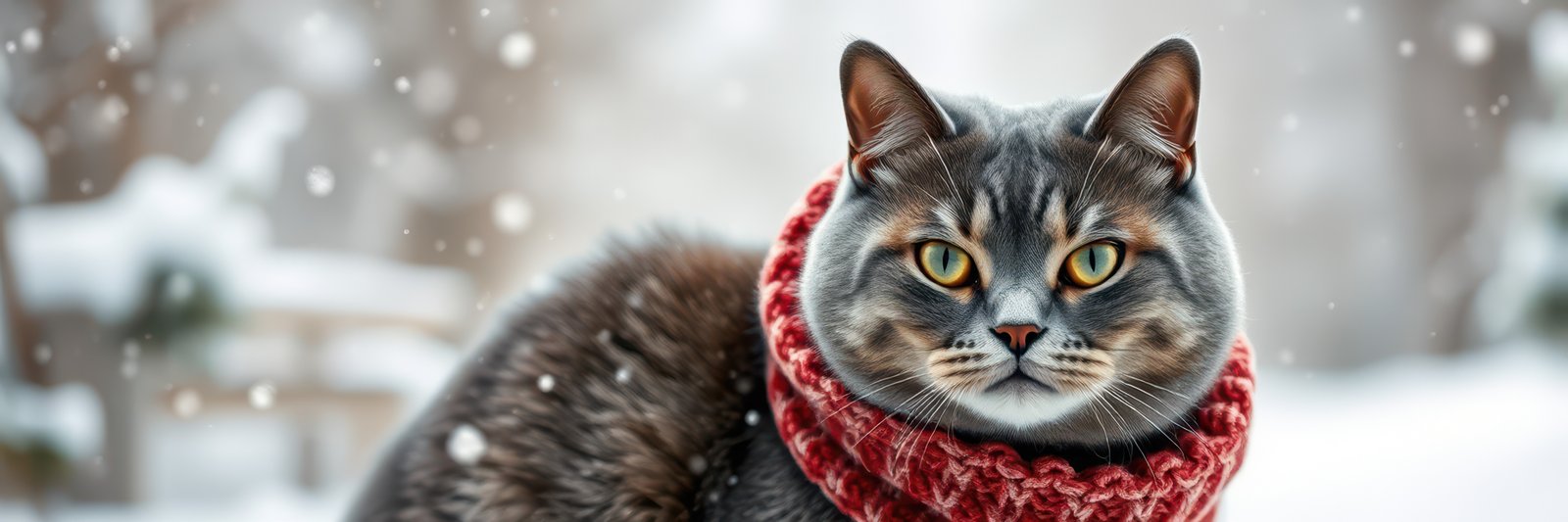 Cat wearing a red scarf sits in the snow on a winter day with falling snowflakes